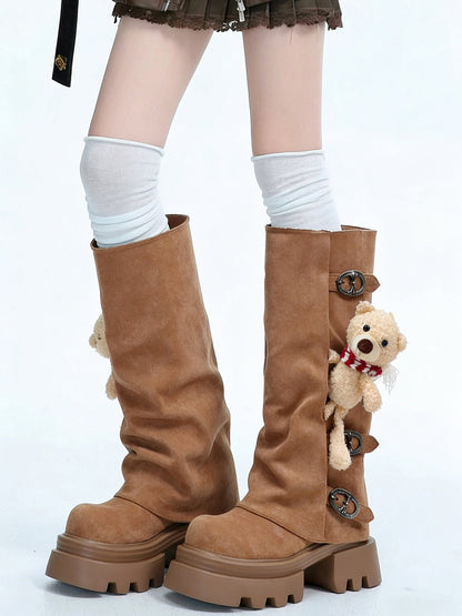 Teddy-Charm Lug-Sole Mid-Calf Boots