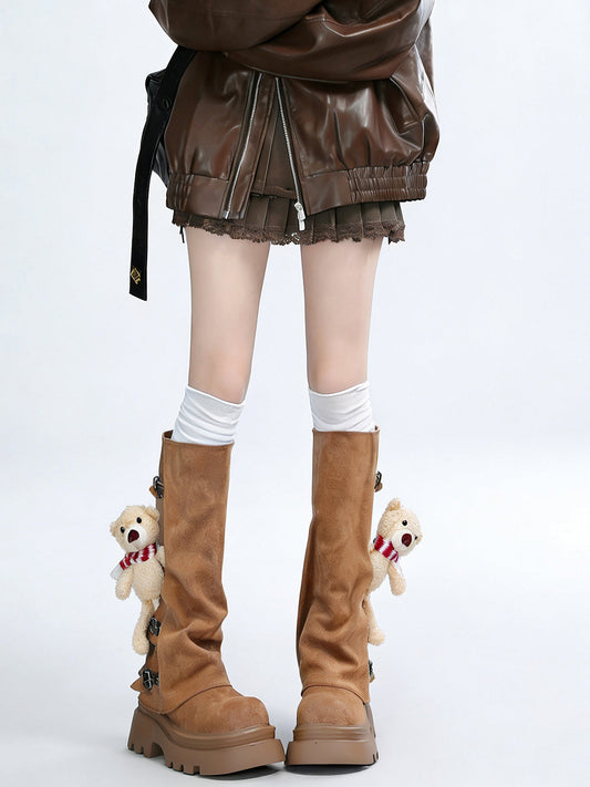Teddy-Charm Lug-Sole Mid-Calf Boots