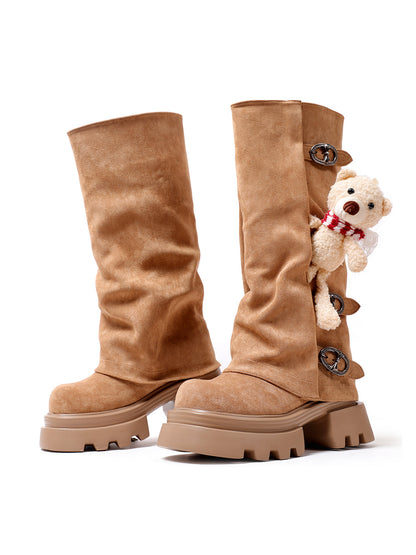Teddy-Charm Lug-Sole Mid-Calf Boots