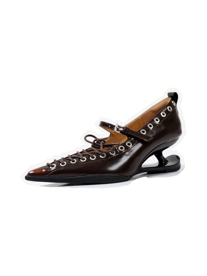 Brown Corset-Lace Pointed Sculpted-Heel Pumps