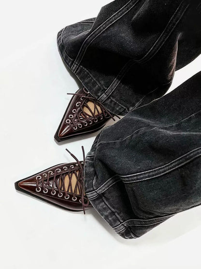 Brown Corset-Lace Pointed Sculpted-Heel Pumps
