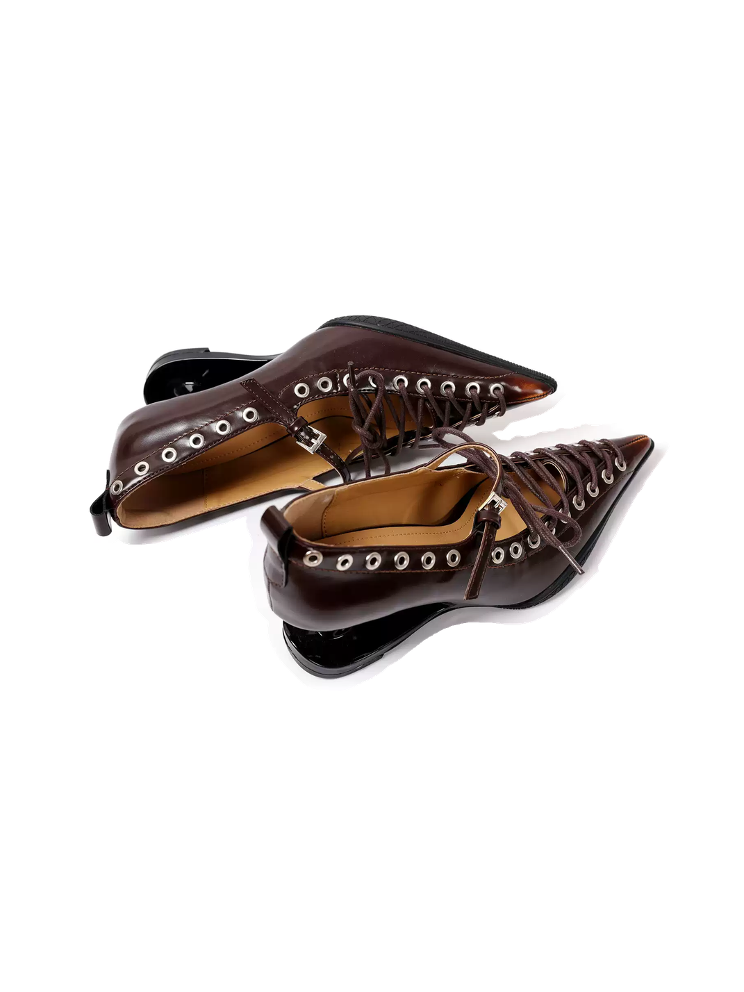 Brown Corset-Lace Pointed Sculpted-Heel Pumps
