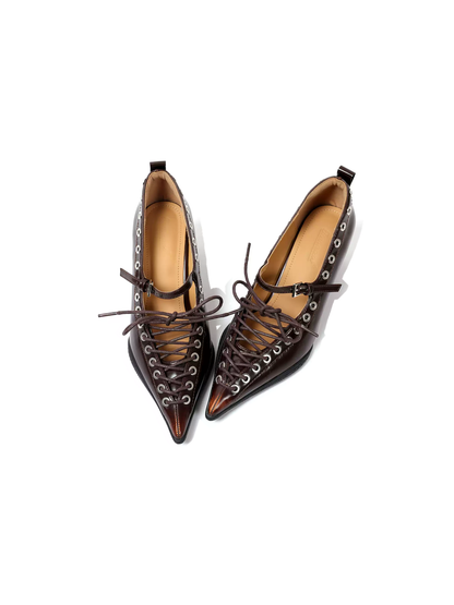 Brown Corset-Lace Pointed Sculpted-Heel Pumps