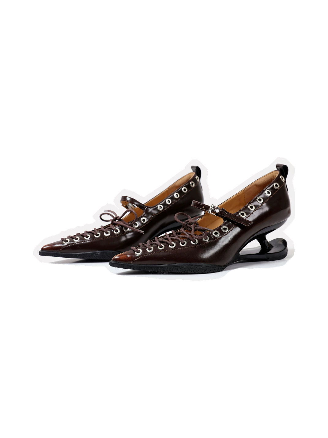 Brown Corset-Lace Pointed Sculpted-Heel Pumps