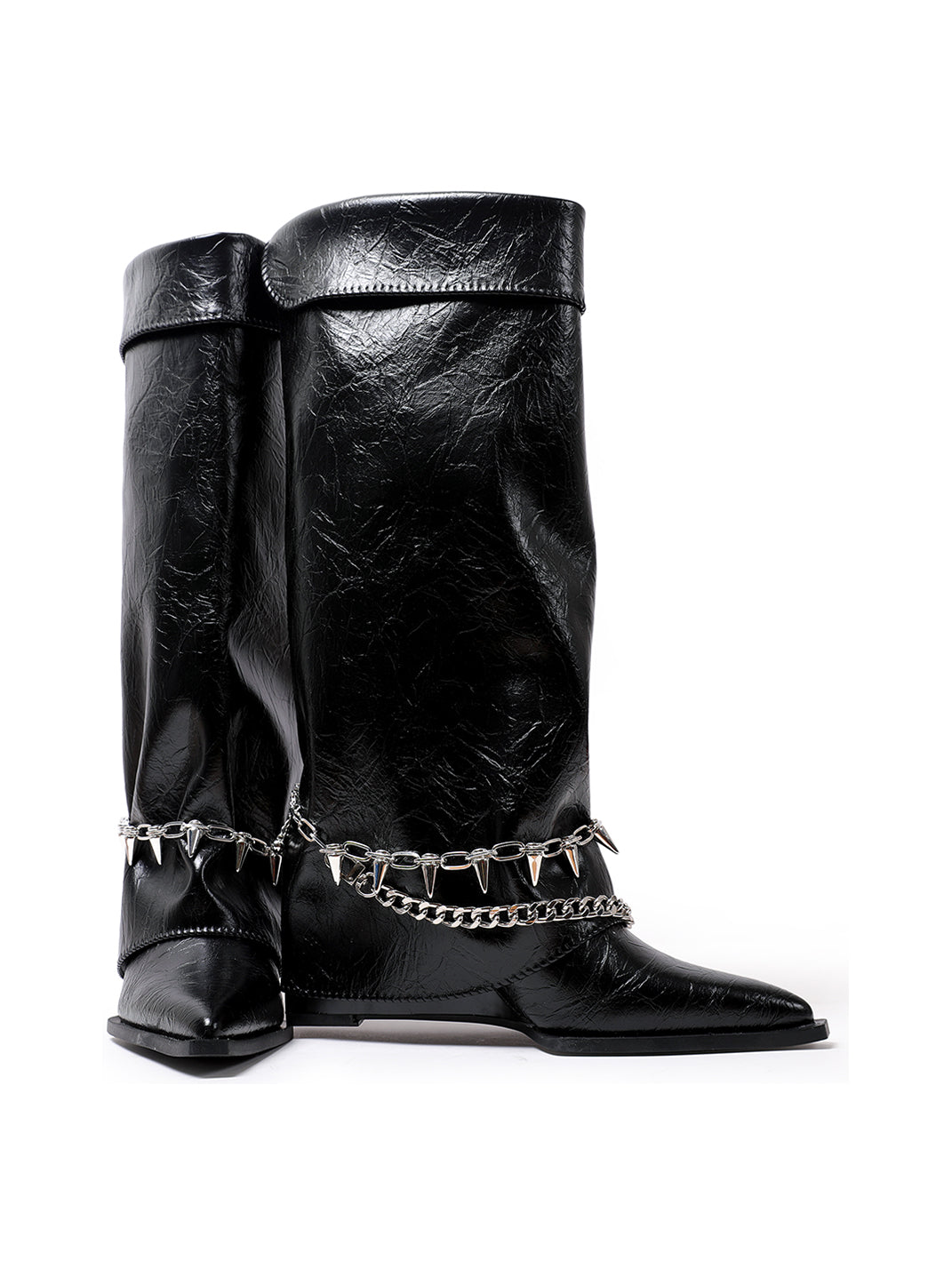 Chain-Trim Pointed-Toe Riding Boots