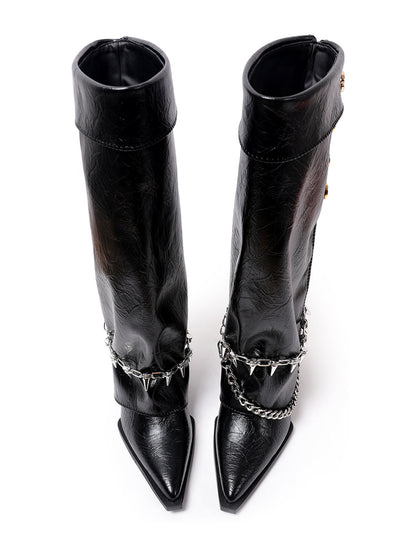 Chain-Trim Pointed-Toe Riding Boots