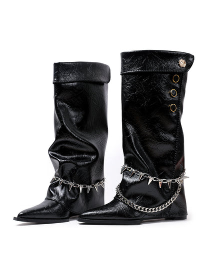 Chain-Trim Pointed-Toe Riding Boots