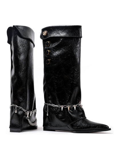 Chain-Trim Pointed-Toe Riding Boots