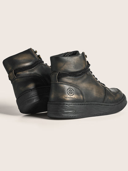 Distressed Leather Padded-Cuff Combat Boots