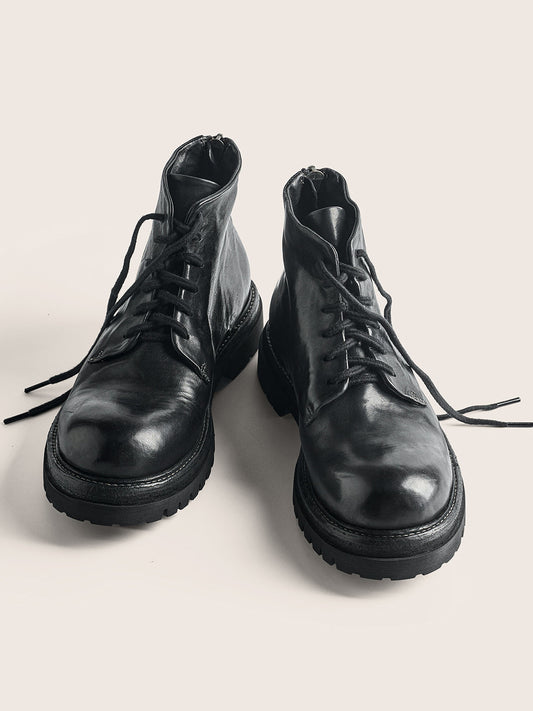 Washed Horsehide Rear-Zip Combat Boots