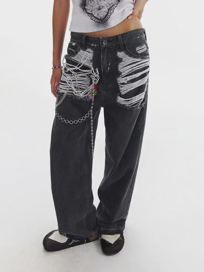 Heart Pendant Retro Distressed Straight Leg Pants [ID:0201PA]