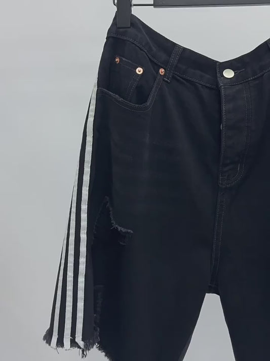 Washed Black Fringe Shorts with Triple Stripe Denim Pants [ID:0460PA]