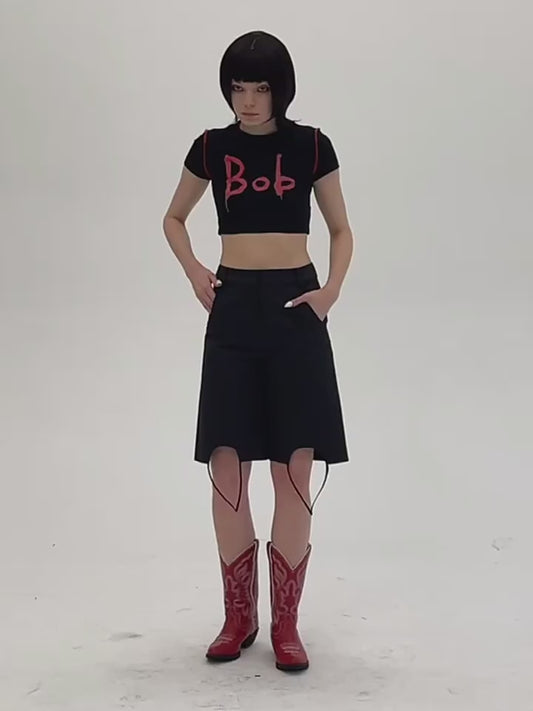 Distressed Black Straight-Cut Knee-Length Bermuda Shorts [ID:0449PA]
