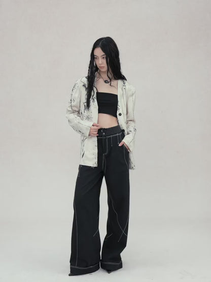 Genesis Era Contrast Panel Wide-Leg High-Waist Relaxed Black Trousers [ID:0078PA]