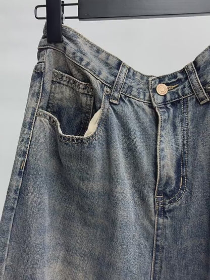 Relaxed Tapered Distressed Bamboo Texture Washed Denim Pants Blue [ID:0061PA]