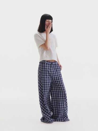 Retro Patchwork Bubble Check Bias Cut Wide Leg Pants Unisex [ID:0190PA]