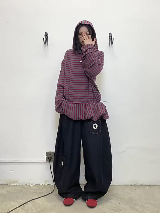 Layered Cut Raw Denim Curved Blade Wide-Leg Pants [ID:0443PA]