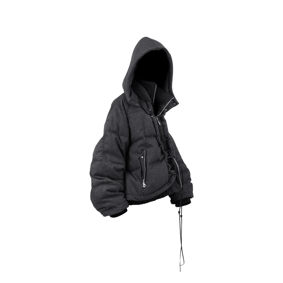 RELABEL Layered Detachable Hood Wool-Blend Puffer Jacket Gray