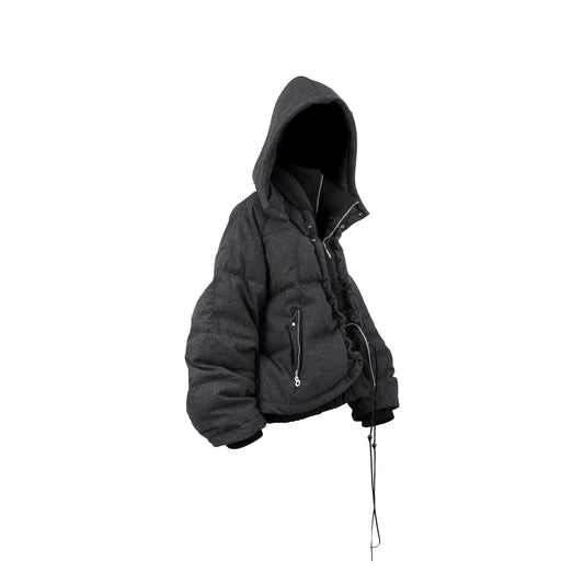 RELABEL Layered Detachable Hood Wool-Blend Puffer Jacket Gray