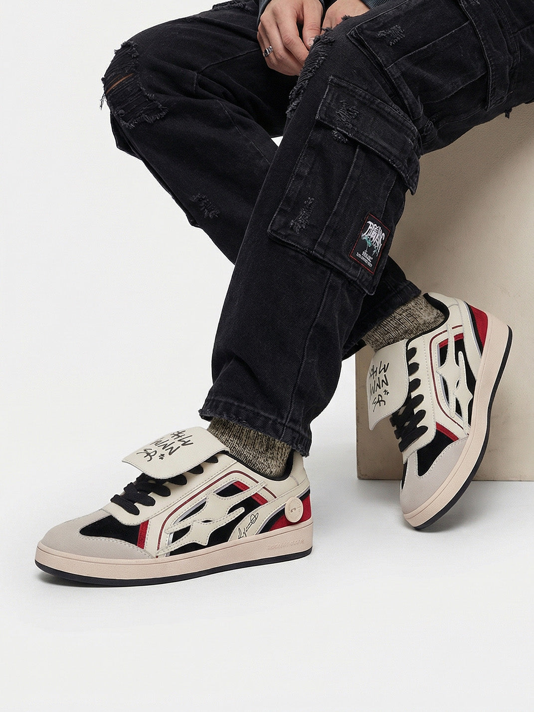 Red Flame-Panel Retro Trainer Sneakers
