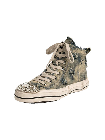 Rhinestone Distressed Denim High-Top Sneakers