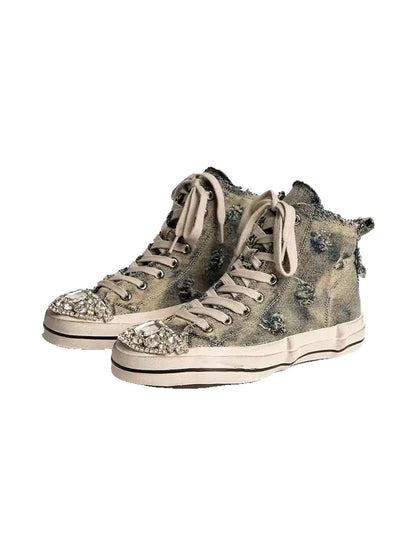 Rhinestone Distressed Denim High-Top Sneakers