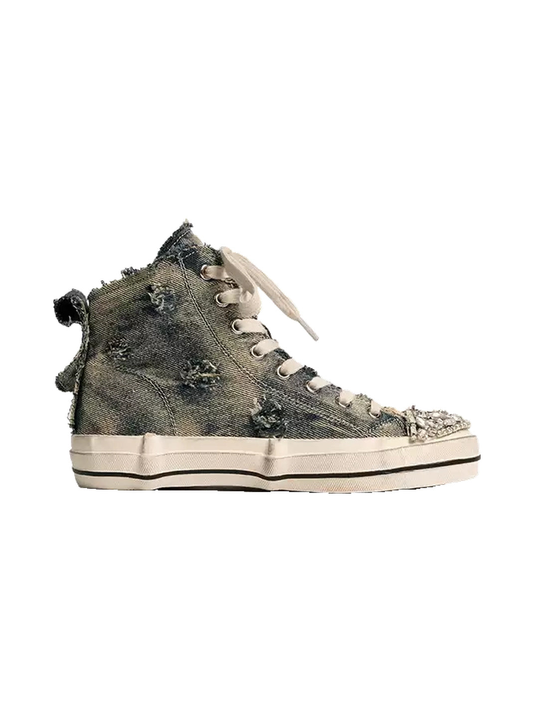 Rhinestone Distressed Denim High-Top Sneakers