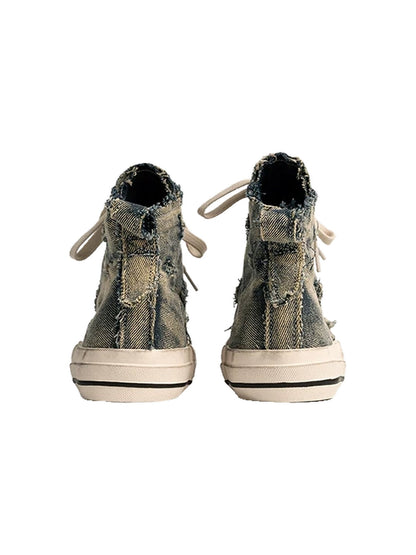 Rhinestone Distressed Denim High-Top Sneakers