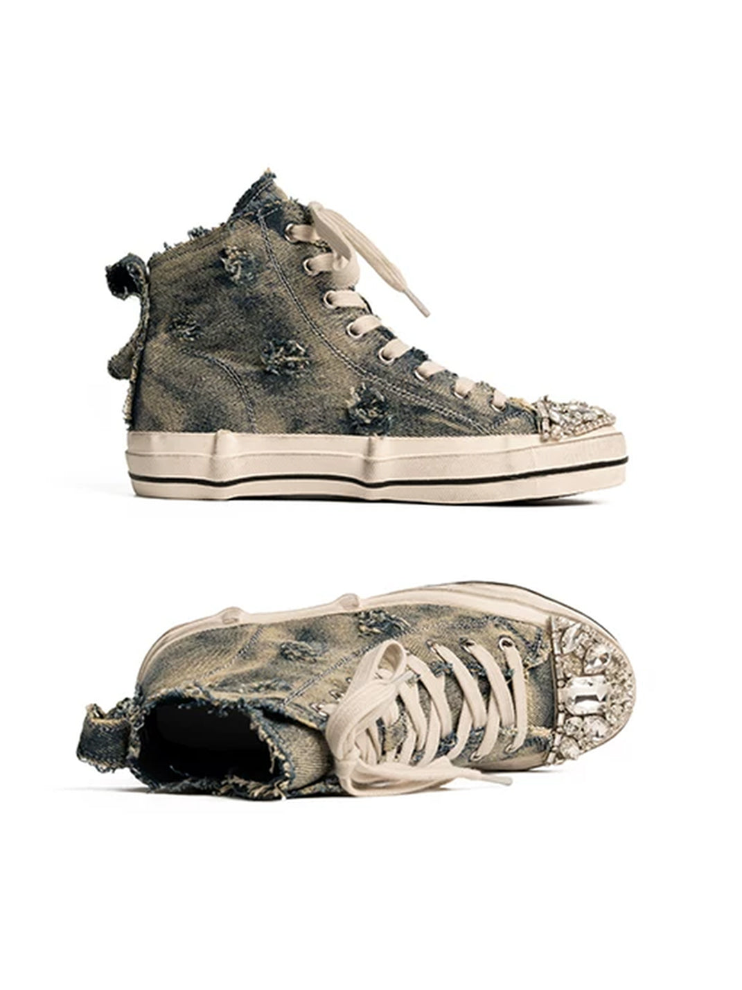 Rhinestone Distressed Denim High-Top Sneakers