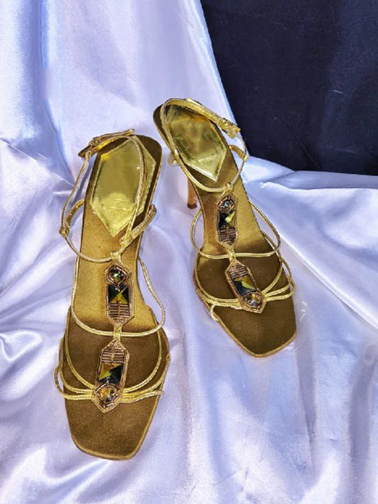 Rhinestone Lace-Up Square-Toe Sandals