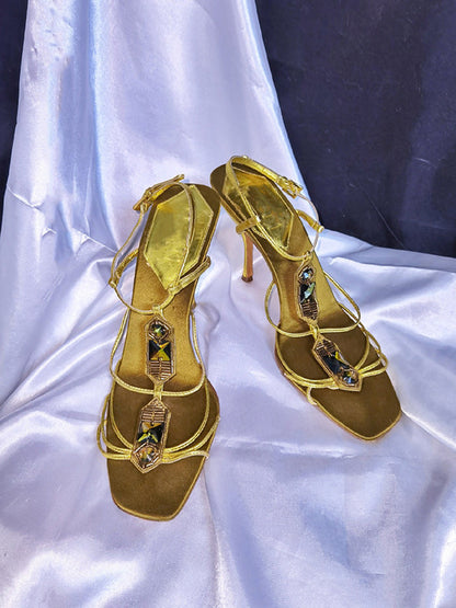 Rhinestone Lace-Up Square-Toe Sandals
