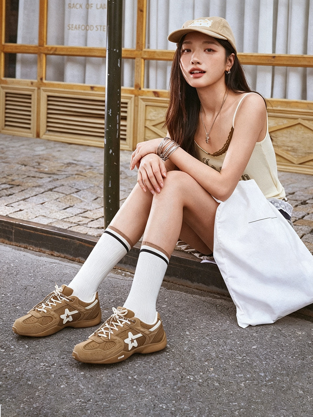 Mocha Suede Star-Panel Retro Trainers