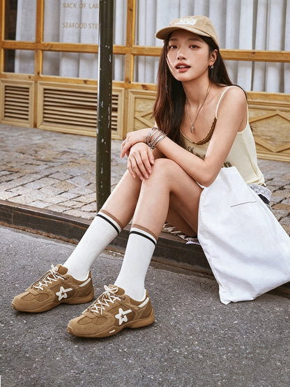 Mocha Suede Star-Panel Retro Trainers