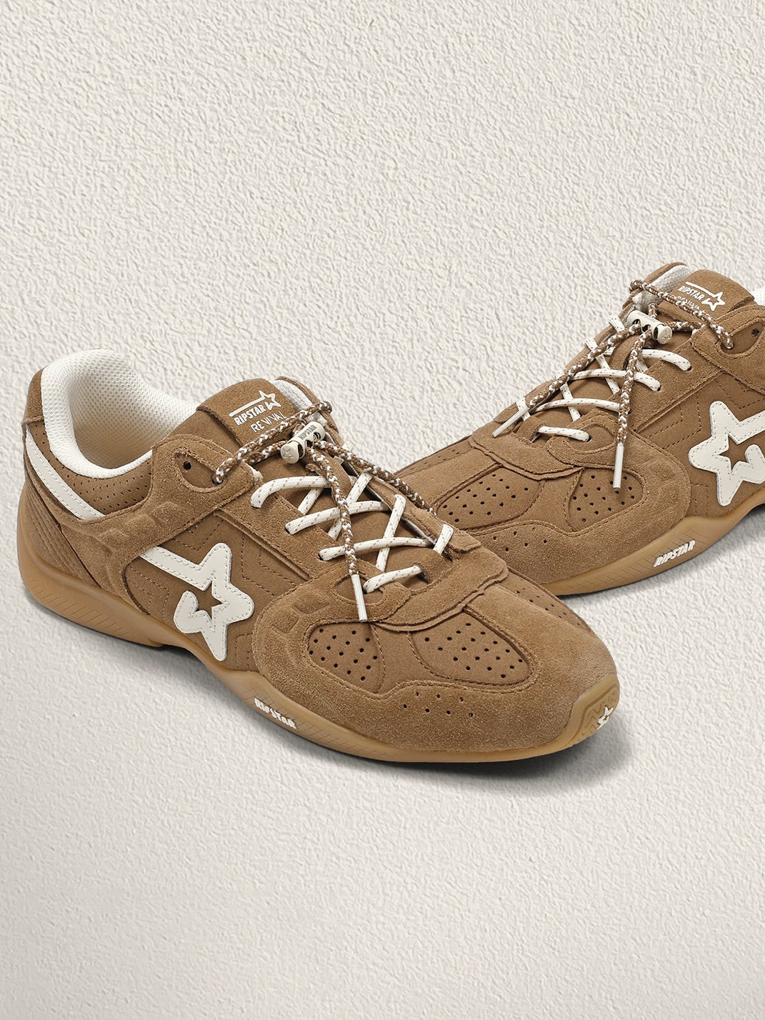 Mocha Suede Star-Panel Retro Trainers