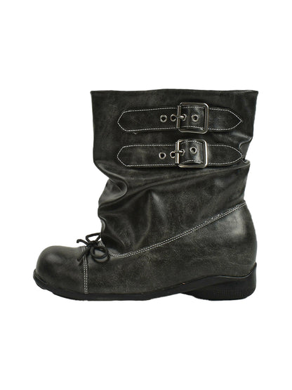 Ruched Multi-Buckle Mid-Calf Biker Boots