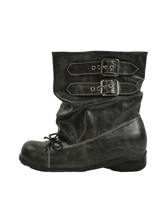 Ruched Multi-Buckle Mid-Calf Biker Boots