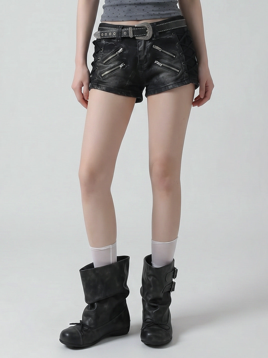 Ruched Multi-Buckle Mid-Calf Biker Boots
