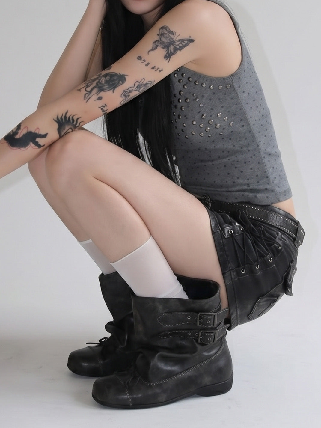 Ruched Multi-Buckle Mid-Calf Biker Boots