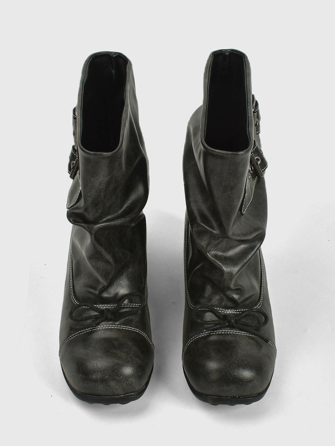 Ruched Multi-Buckle Mid-Calf Biker Boots