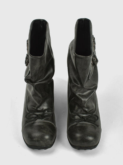 Ruched Multi-Buckle Mid-Calf Biker Boots
