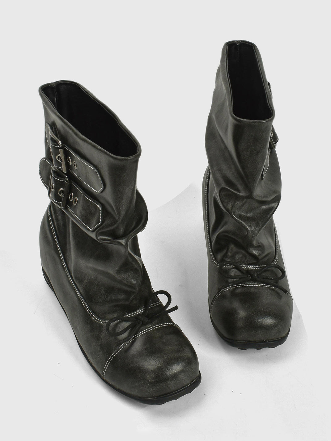 Ruched Multi-Buckle Mid-Calf Biker Boots