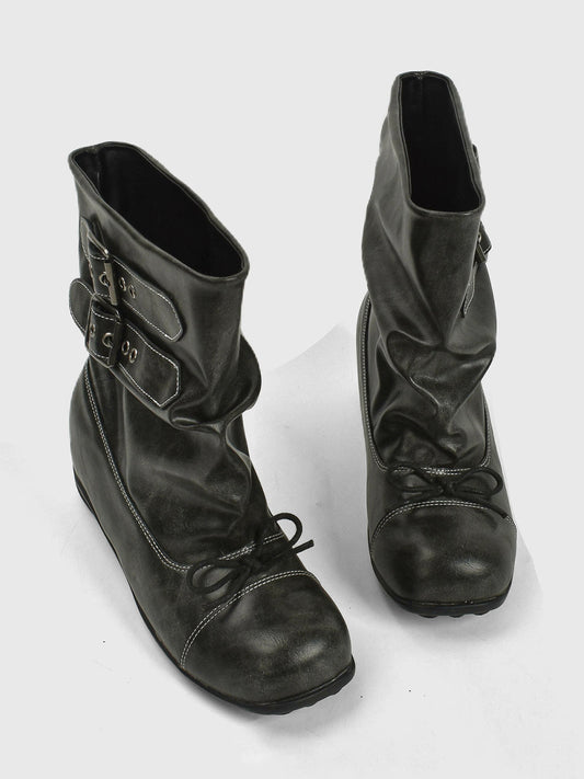 Ruched Multi-Buckle Mid-Calf Biker Boots