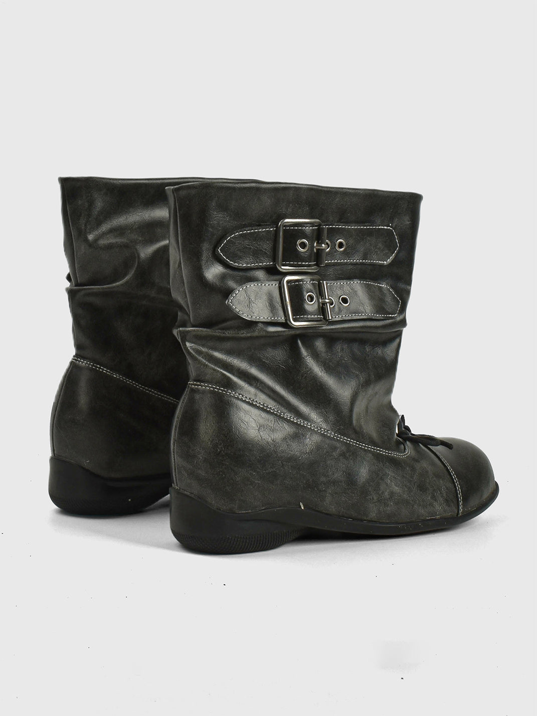 Ruched Multi-Buckle Mid-Calf Biker Boots