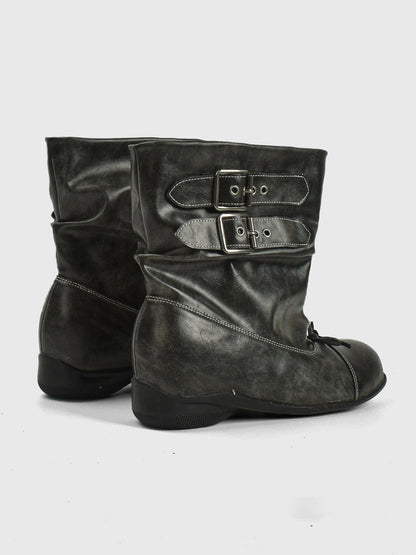 Ruched Multi-Buckle Mid-Calf Biker Boots