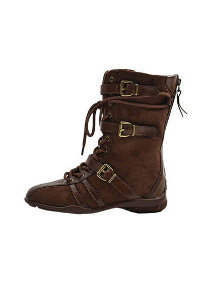 Buckle-Strap Suede Calf Boots