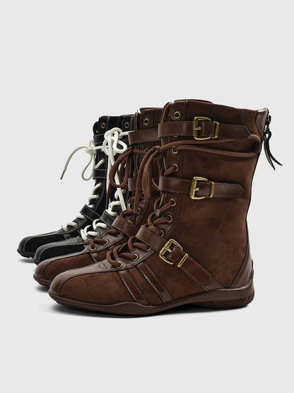 Buckle-Strap Suede Calf Boots