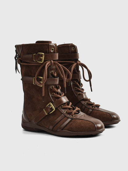 Buckle-Strap Suede Calf Boots