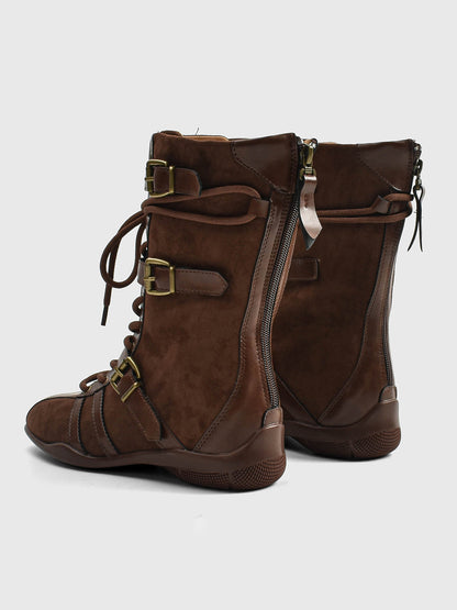 Buckle-Strap Suede Calf Boots