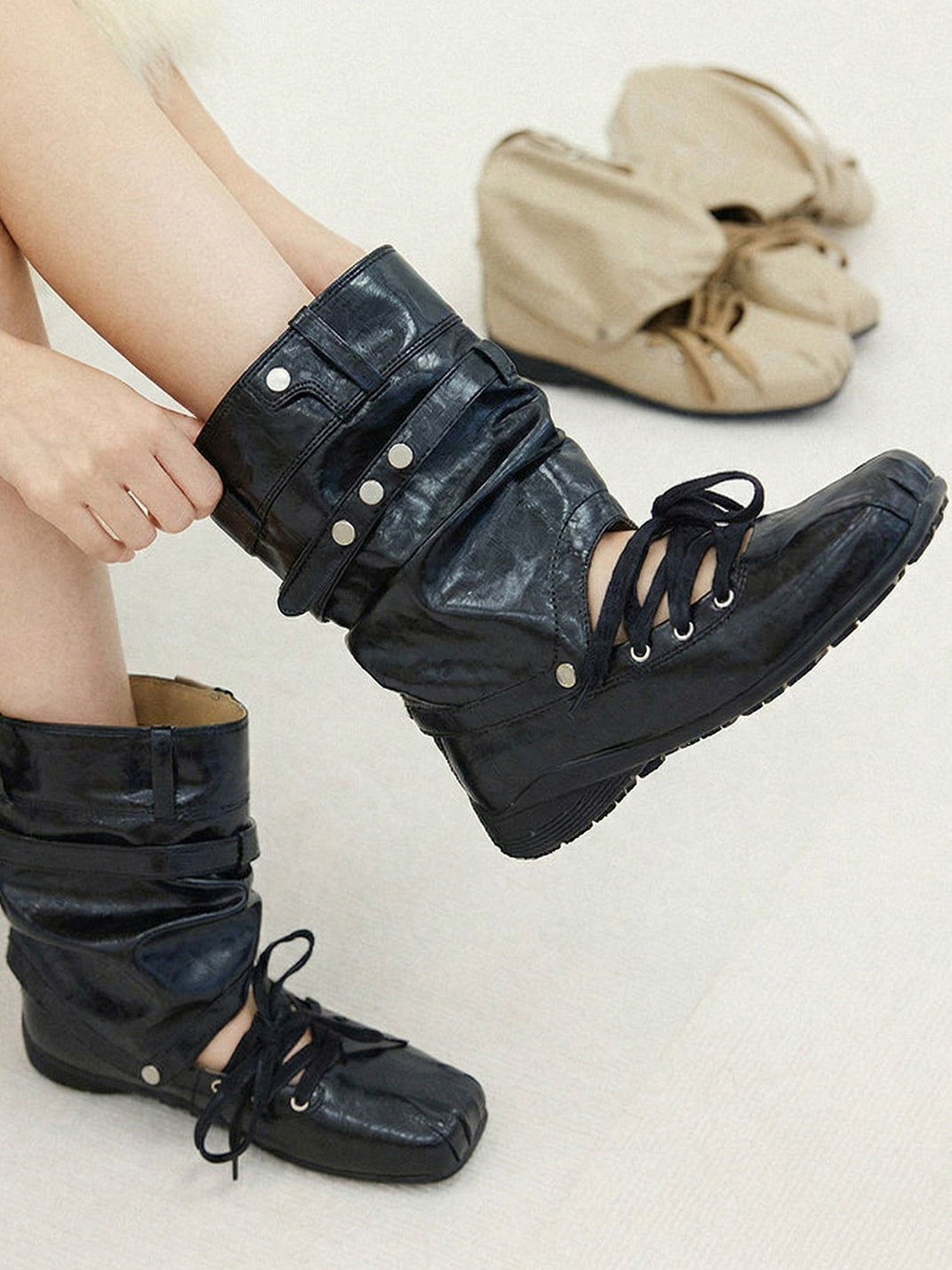 Bow-Trim Cutout Square-Toe Utility Boots