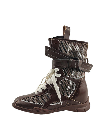 Bow-Lace Mesh Mid-Calf Sport Boots